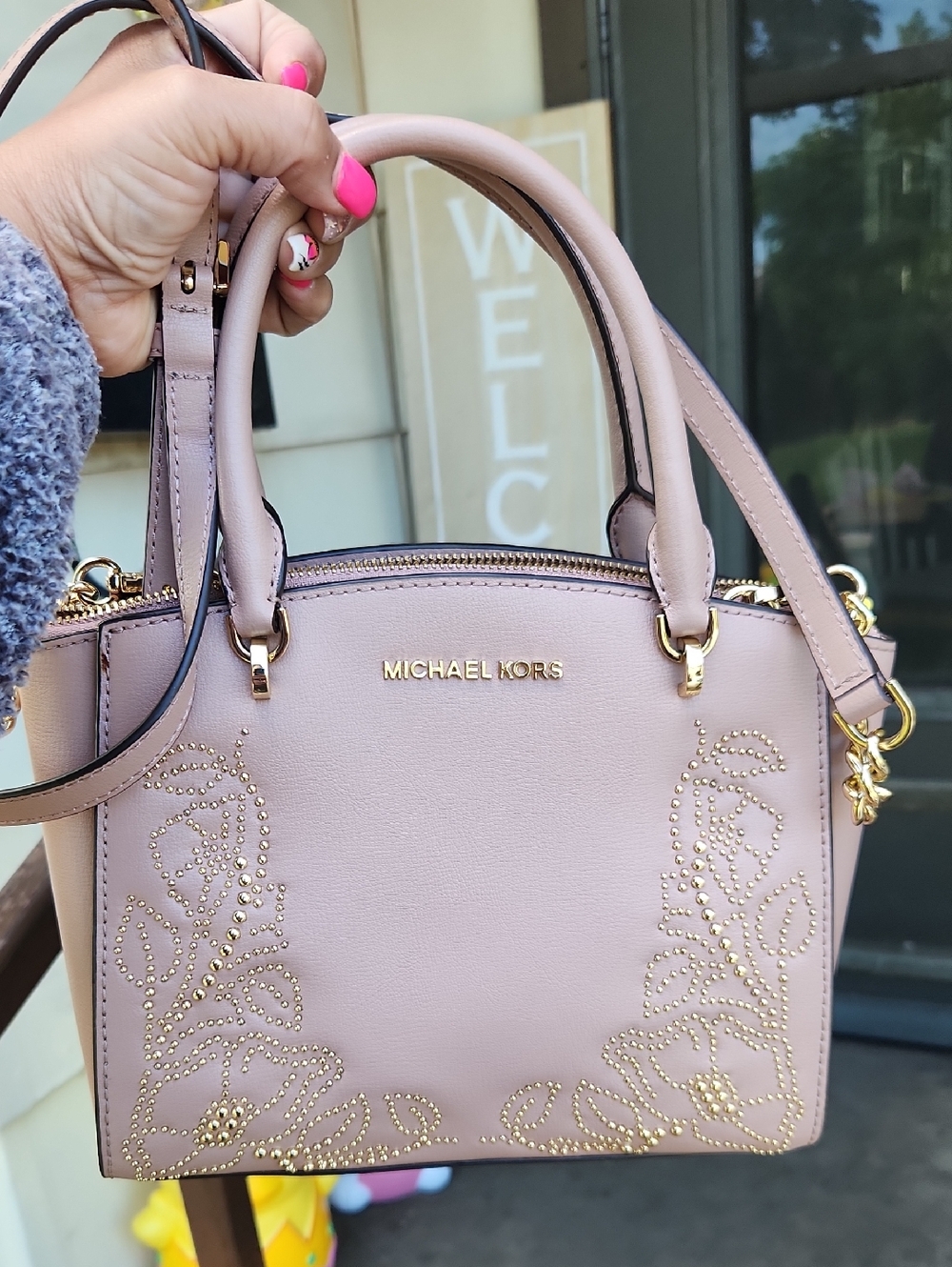 Michael Kors Pink Studded Floral Leather Satchel
